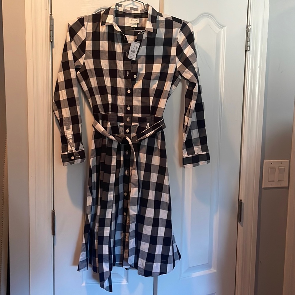 NWT J. Crew Sz 4 black and white plaid knee length dress 98% cotton, 2% elastane